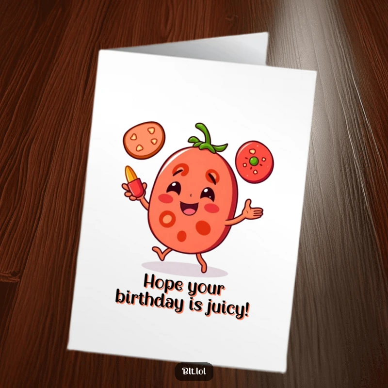 Funny Free Printable joyful tomato slice character juggling pepper slices, perfect for a vibrant birthday greeting card.