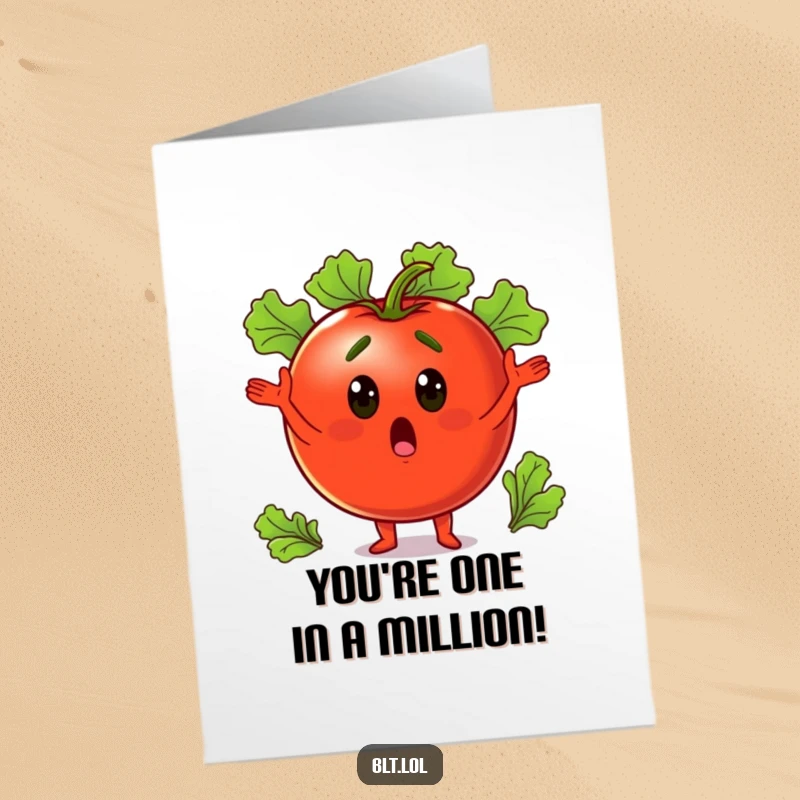 Funny Free Printable tomato surprised while juggling lettuce leaves, a whimsical birthday card.