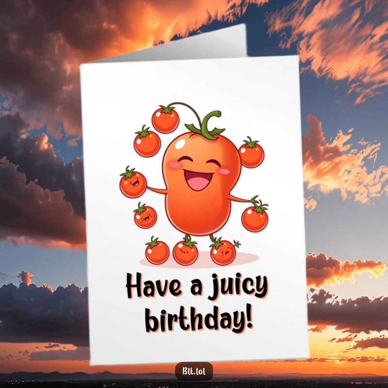 Funny Free Printable Tomato Juggling Birthday Card, a laughing tomato skillfully juggling smaller tomatoes, celebrating a birthday.