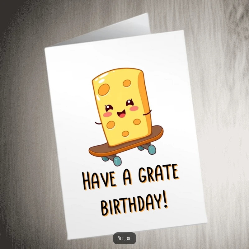 Funny Free Printable Birthday Card: A joyful cheese slice gleefully riding a skateboard, ready to party.