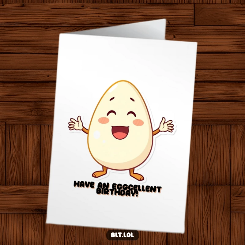 Funny Free Printable Birthday Card featuring an excited, waving egg character. A cheerful downloadable greeting.