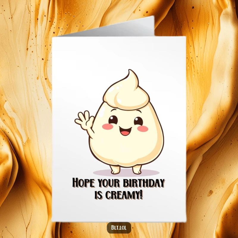 Funny Free Printable Birthday Card: A cute mayonnaise dollop with a friendly smile waving hello with its side, spreading birthday cheer.