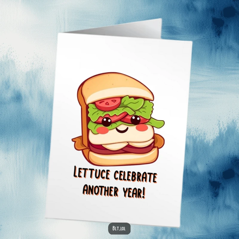 Funny Free Printable BLT sandwich birthday card with a bow, looking cheerful and ready to party.
