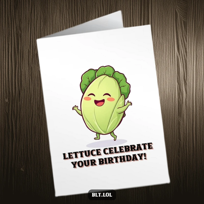 Funny Free Printable Lettuce Dance Birthday Card, a giggling lettuce leaf doing a silly dance, perfect for birthday fun.