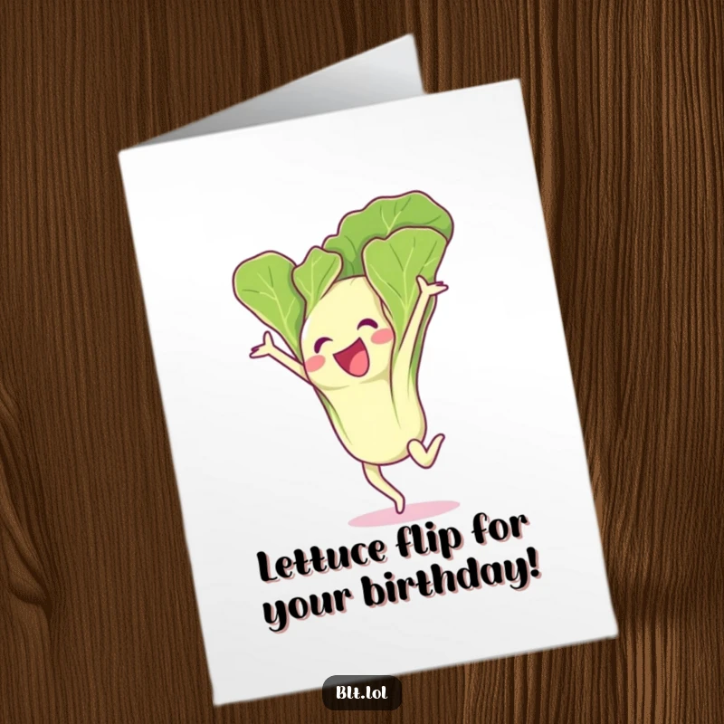 Funny Free Printable Birthday Card: An excited lettuce leaf performing a graceful gymnastics flip, radiating pure birthday happiness.