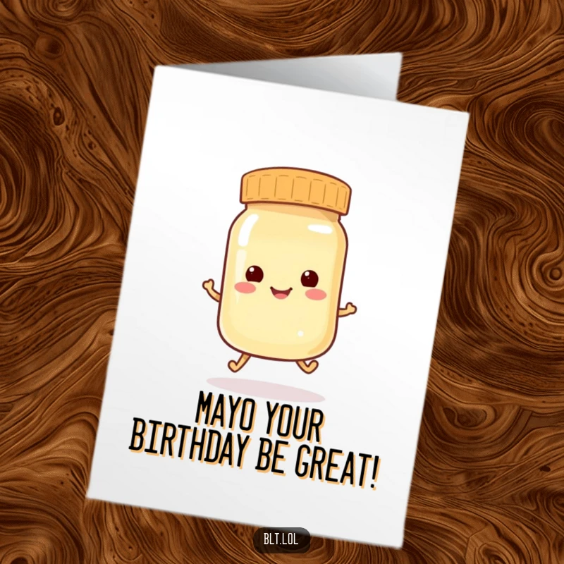 Funny Free Printable Birthday Card: A cheerful mayonnaise jar doing a little hop. A unique and humorous downloadable greeting.