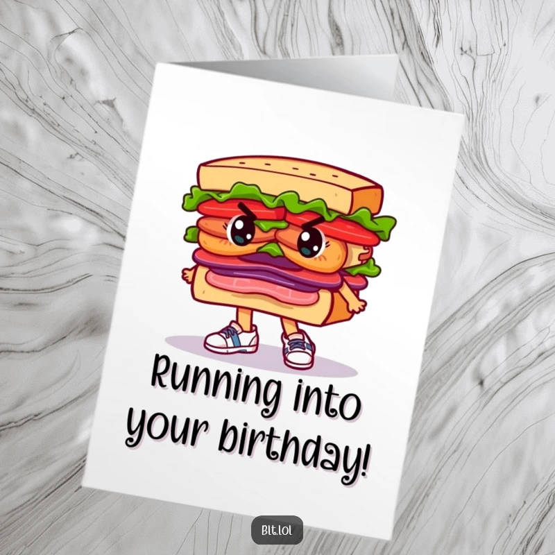 Funny Free Printable BLT Sandwich Card: Determined character in running shoes, wishing Happy Birthday, great DIY gift.