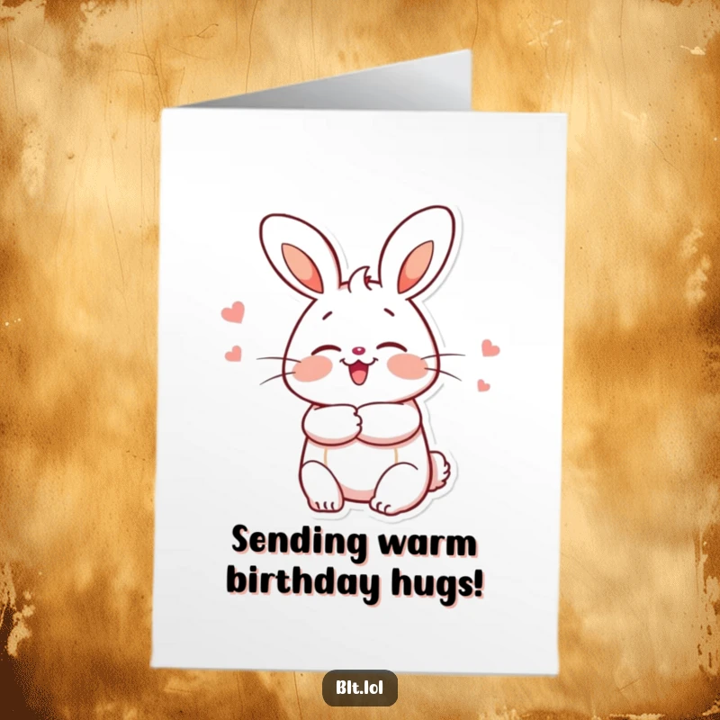 Funny Free Printable Birthday Card: A cute, fluffy bun character with a huge smile, arms wide open for a warm, enthusiastic hug.