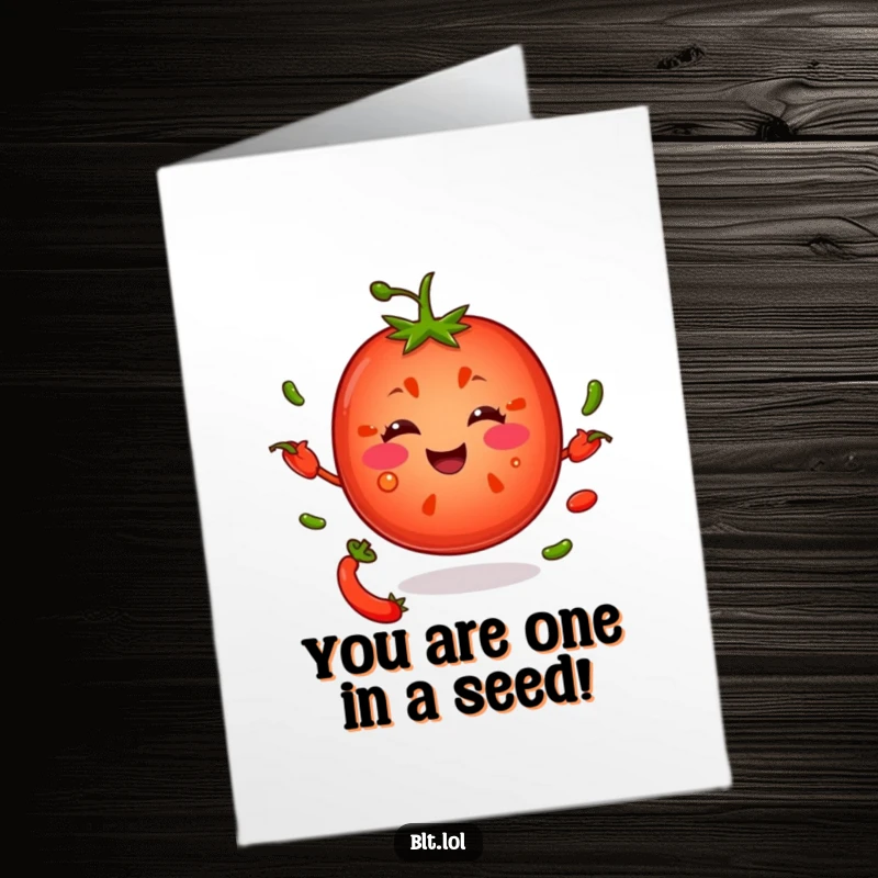 Funny Free Printable Birthday Card: Smiling tomato slice energetically juggling tiny pepper seeds with a cheerful expression.