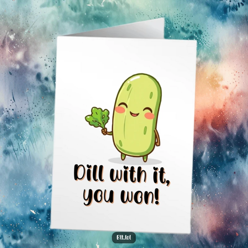 Funny Free Printable Congratulations Card: A winking pickle holding lettuce, offering cheerful congratulations, ideal for home printing.