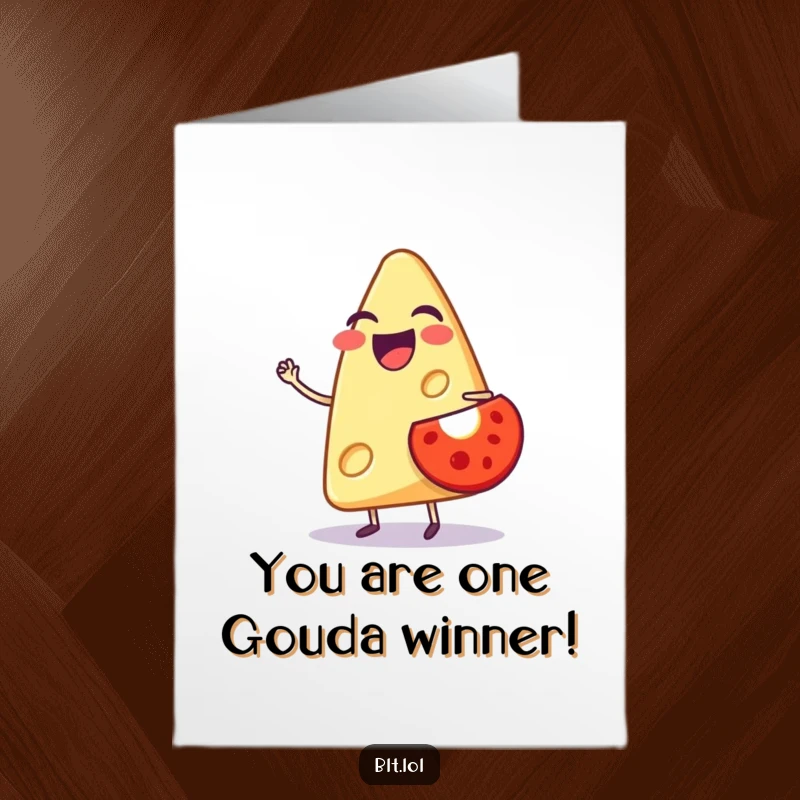 Funny Free Printable Congratulations Card: A laughing cheese slice balancing a tomato, perfect for celebrating achievements.