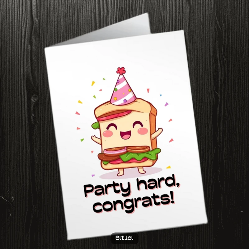 Free Printable Congratulations Card: A giddy BLT sandwich character sporting a party hat amidst falling confetti, celebrating a momentous occasion with delight.