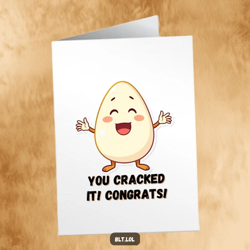 Funny Free Printable Congratulations Card showing an enthusiastic egg character waving its arms. A delightful downloadable greeting.