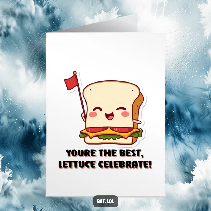 Funny Free Printable Congratulations Card: A winking BLT with a flag, celebrating achievements with downloadable flair.