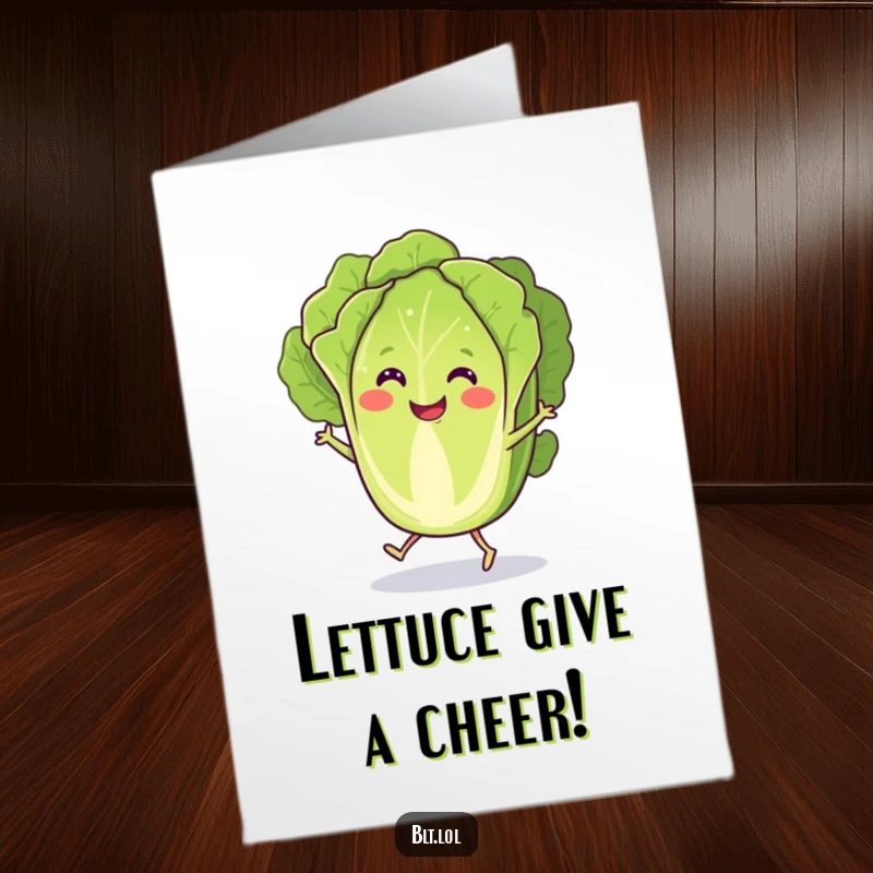 Funny Free Printable Congratulations Card showing a happy lettuce slice doing a joyful jig, perfect for celebrating achievements.