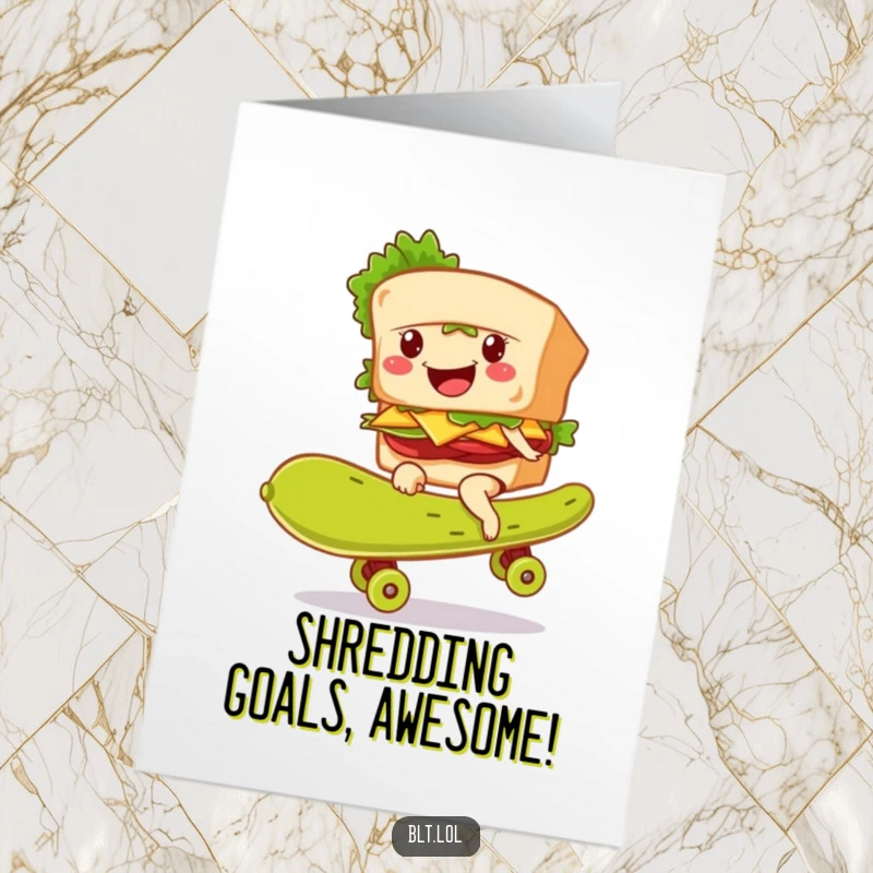 Funny Free Printable Congrats Card: Smiling BLT sandwich character cruising on a giant pickle skateboard.