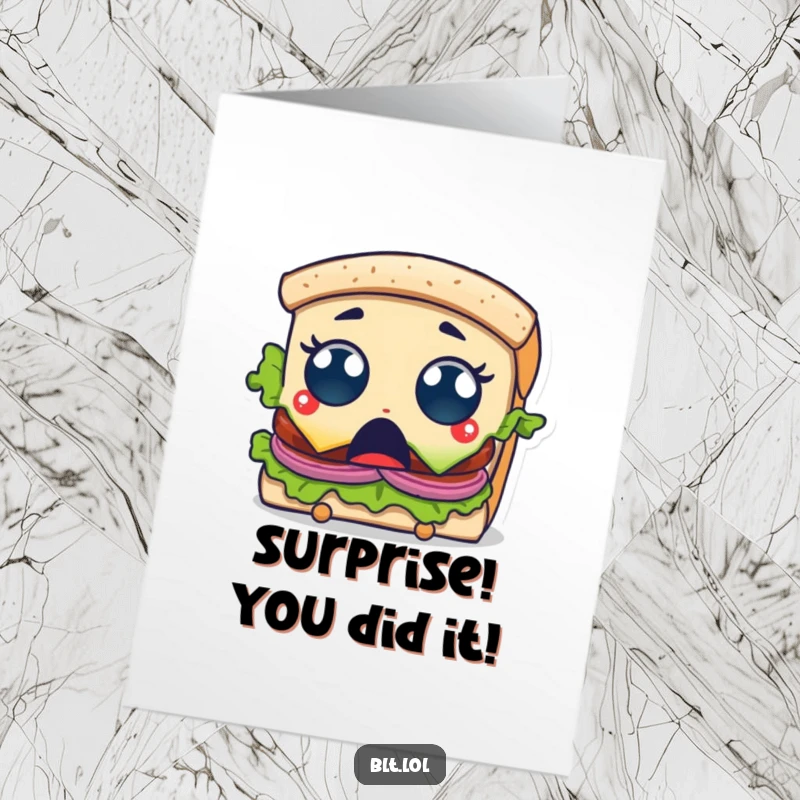Funny Free Printable BLT Sandwich Card: Surprised character with wide eyes, getting a bite taken, offering congratulations, DIY gift.