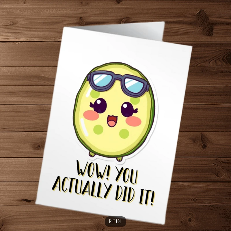 Free Printable Congratulations Card: A surprised pickle slice sporting tiny goggles, expressing amazement and joy at a great achievement.