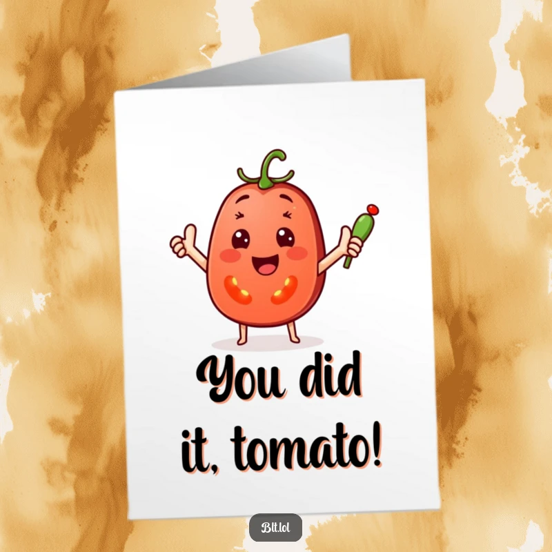 Funny Free Printable Congratulations Card: cheerful tomato waving a pickle, celebrating success with humor.