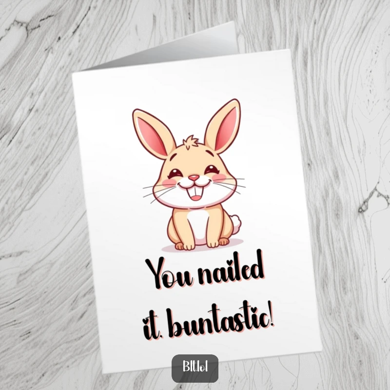 Funny Free Printable congratulations card: A beaming, happy anthropomorphic bun with an infectious grin, celebrating a win.