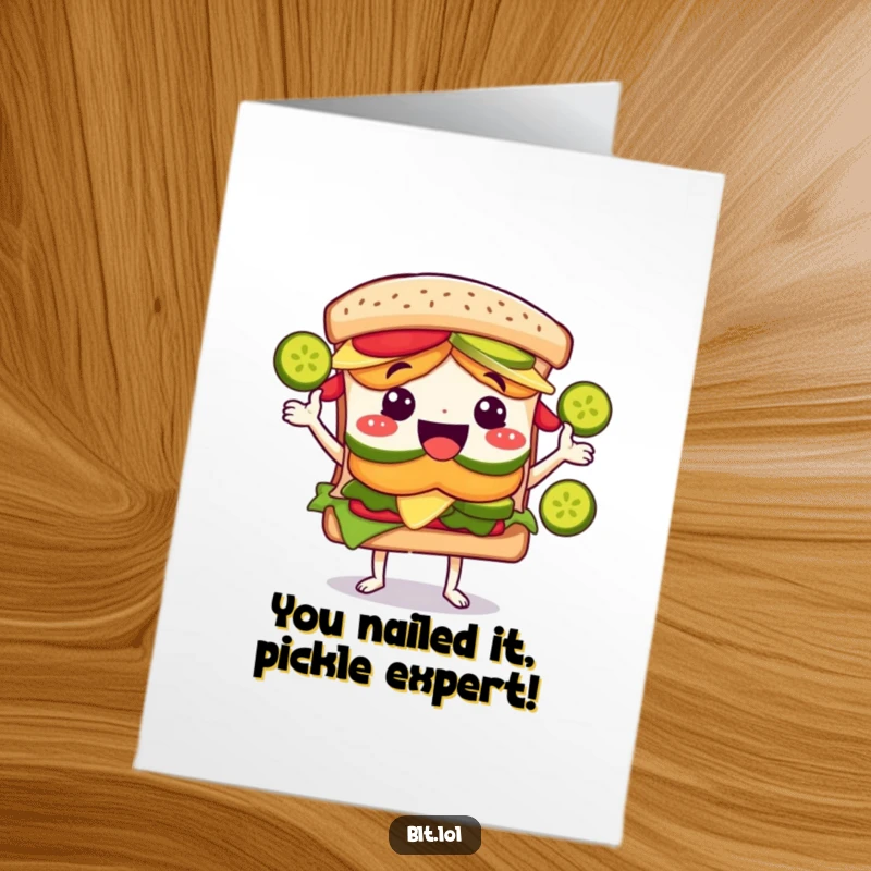 Funny Free Printable Congrats Card: Joyous BLT character juggling pickle slices, celebrating success with a grin.