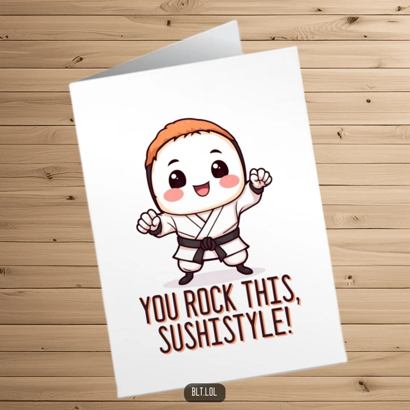 Funny Free Printable Sushi Karate Chop Congratulations Card, a smiling sushi warrior executing a triumphant chop, great for celebrations.