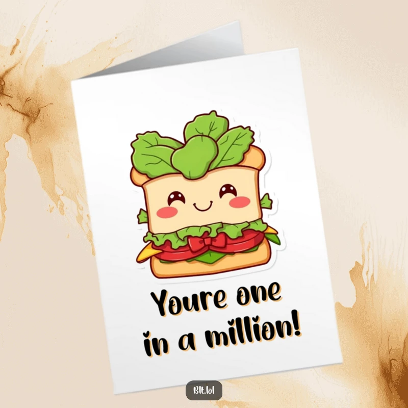 Free Printable BLT sandwich card, a smiling character with a lettuce bow, celebrating congratulations with pure food joy.
