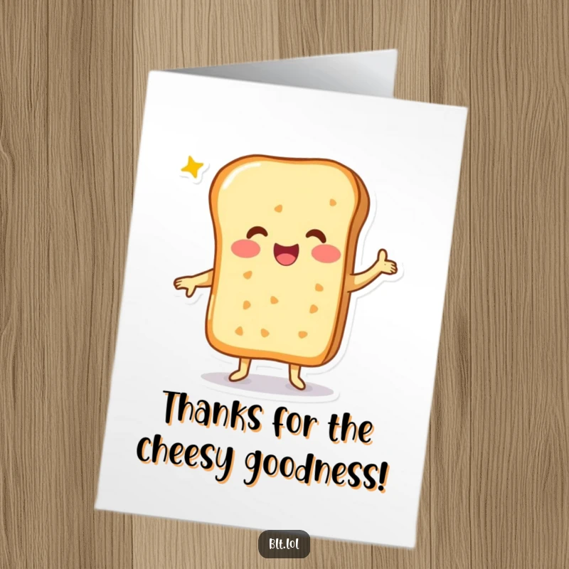 Funny Free Printable Thank You Card: A smiling cheesy bread character doing a joyful dance, radiating pure cheesy appreciation.