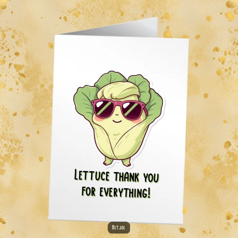Funny Free Printable Thank You Card: A sunglasses-wearing lettuce character chilling, sending cool vibes of thanks.