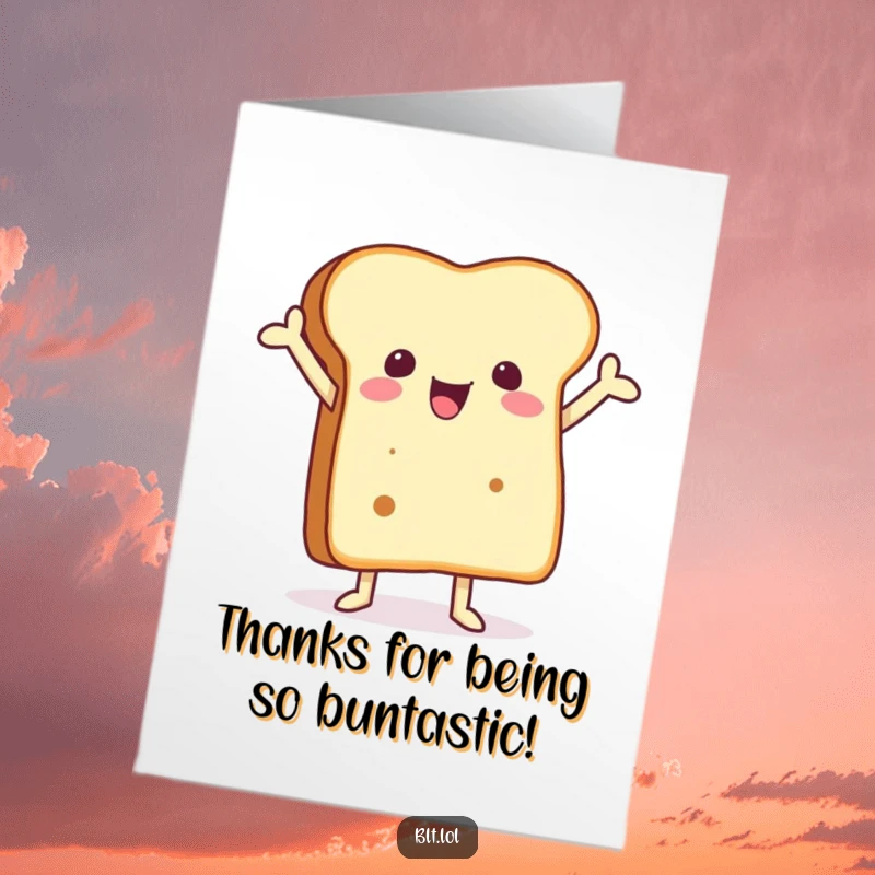 Funny Free Printable Thank You Card: Joyful bread slice with arms up, expressing thanks with downloadable warmth.