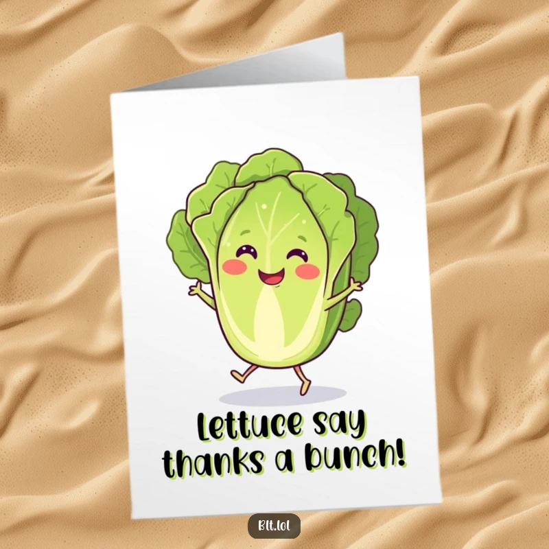 Funny Free Printable Thank You Card with a smiling lettuce slice dancing joyfully, ideal for expressing gratitude humorously.