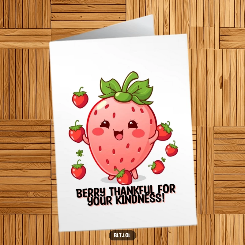 Funny Free Printable Thank You Card: Kawaii strawberry character juggling small berries with a giggle, a fun and downloadable expression of thanks.