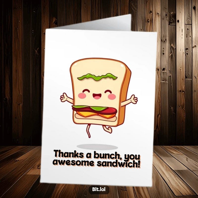 Funny Free Printable BLT Sandwich Thank You Card: A dynamic BLT character energetically jumping rope, expressing thanks with a playful bounce.