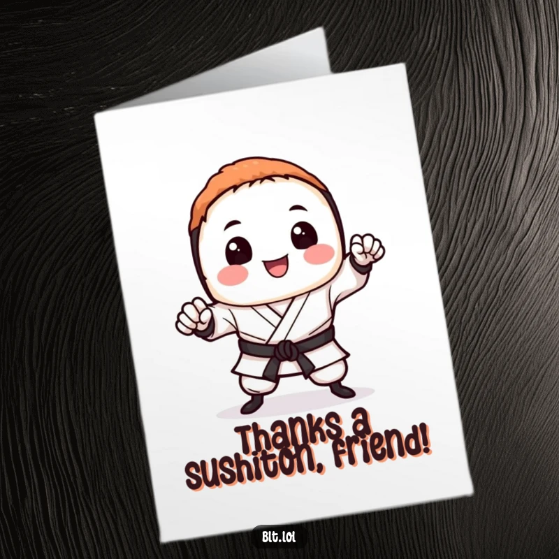 Funny Free Printable Sushi Karate Thank You Card, a smiling sushi piece in a dynamic karate pose, expressing thanks with humor.