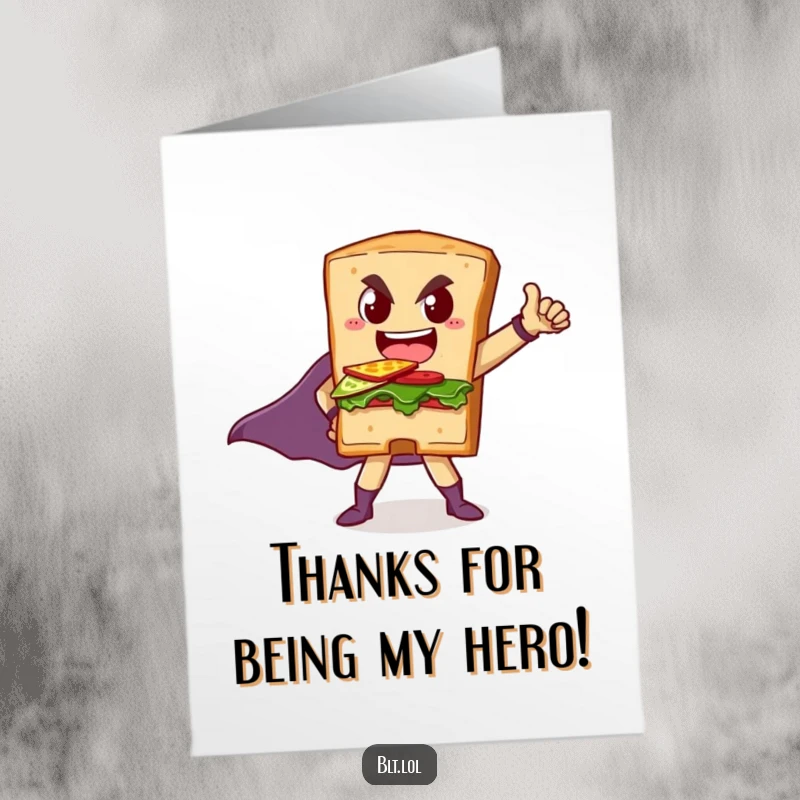 Funny Free Printable BLT Sandwich Thank You Card: A BLT character striking a confident superhero pose, expressing thanks with mighty admiration.