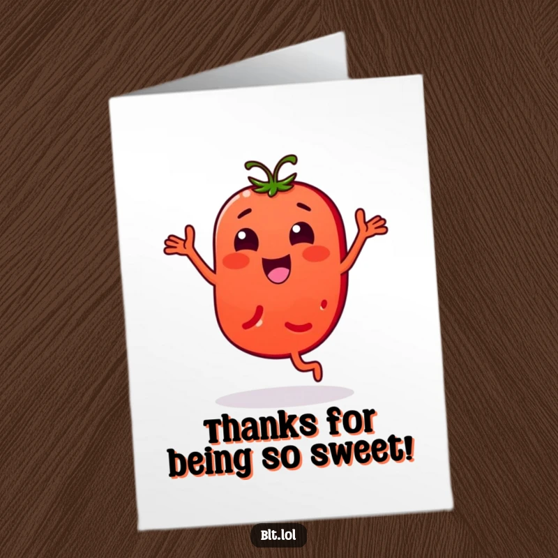 Funny Free Printable Thank You Card: A happy tomato slice character performing a lively, thankful bouncy dance.