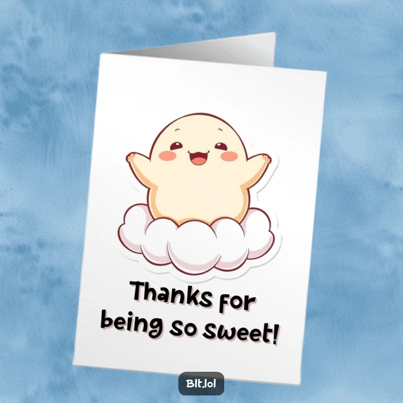 Funny Free Printable Thank You Card: Kawaii dumpling character happily bouncing on a cloud, a sweet and downloadable way to say thanks.