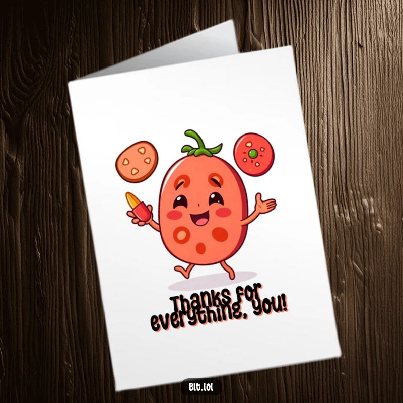 Funny Free Printable joyful tomato slice character juggling pepper slices, offering a vibrant thank you.