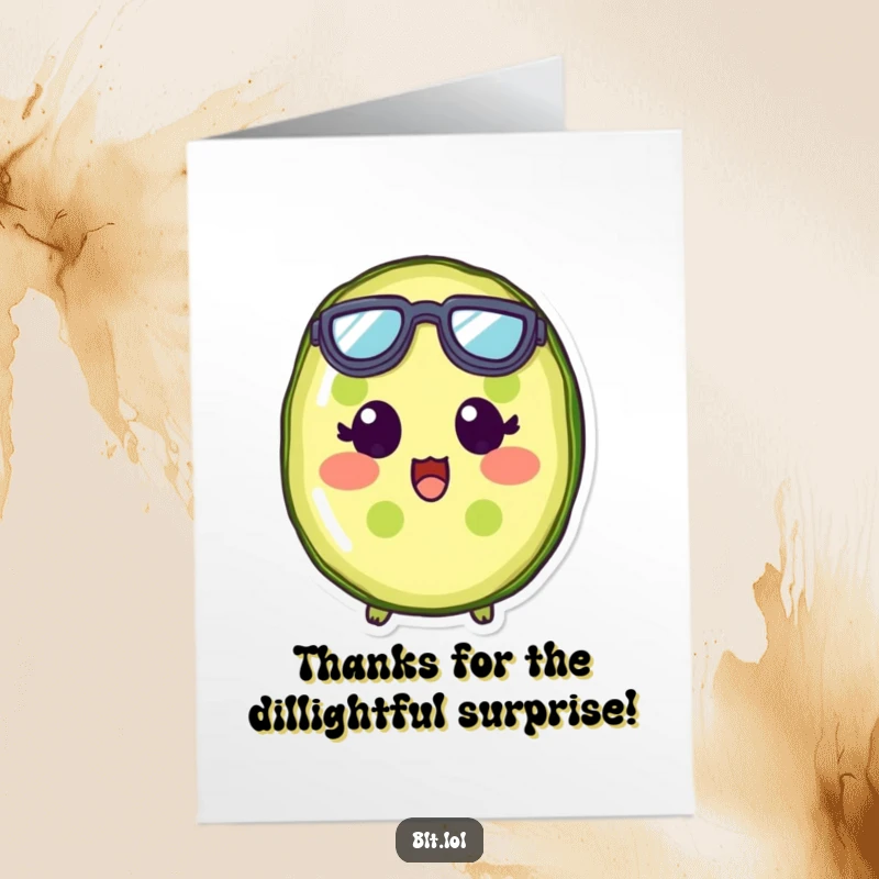 Funny Free Printable Thank You Card: A pickle slice wearing small goggles, looking surprised and thankful for a kind gesture.