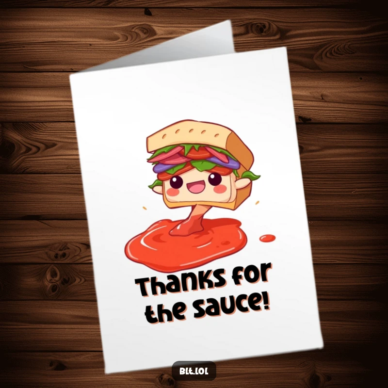 Funny Free Printable Thank You Card: A BLT sandwich character diving with glee into a pool of imaginary sauce, conveying appreciation with zeal.