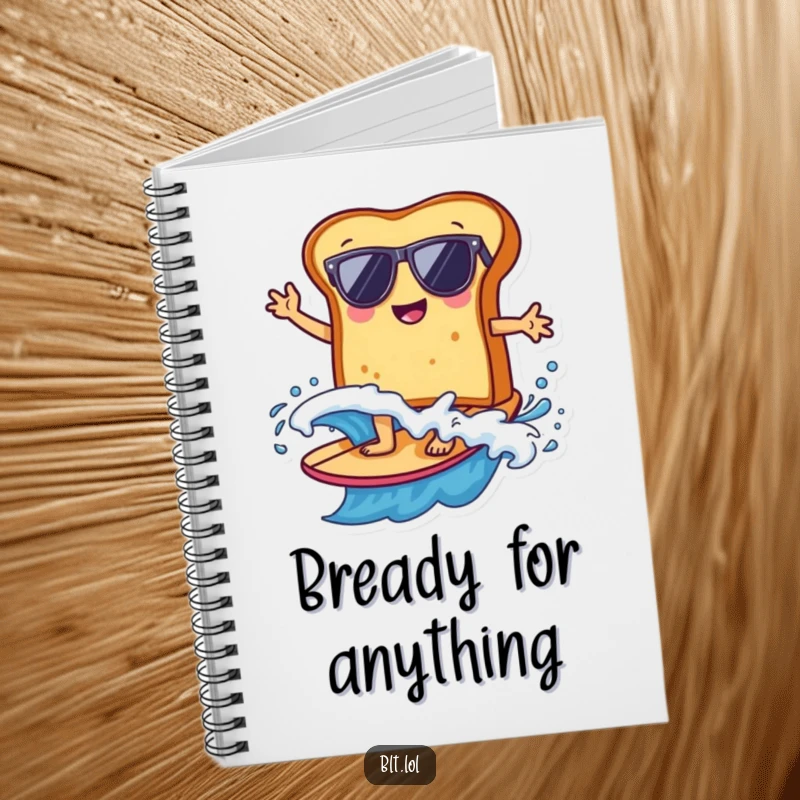 Funny bread slice wearing sunglasses surfing, ready to take notes, this notebook brings beach humor to writing.