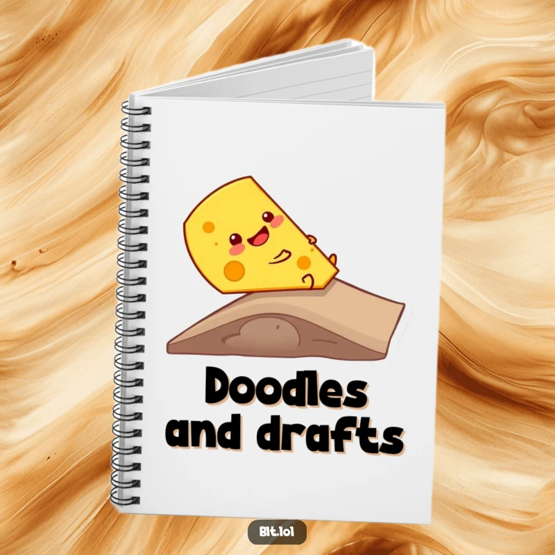 Funny giggling cheese slice sliding down a ramp, ready to take notes, this notebook brings cheesy humor to writing.