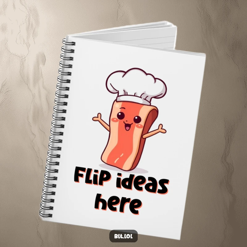 Funny bacon strip character in a chef hat, mid-flip, ready to inspire recipes in this fun notebook.