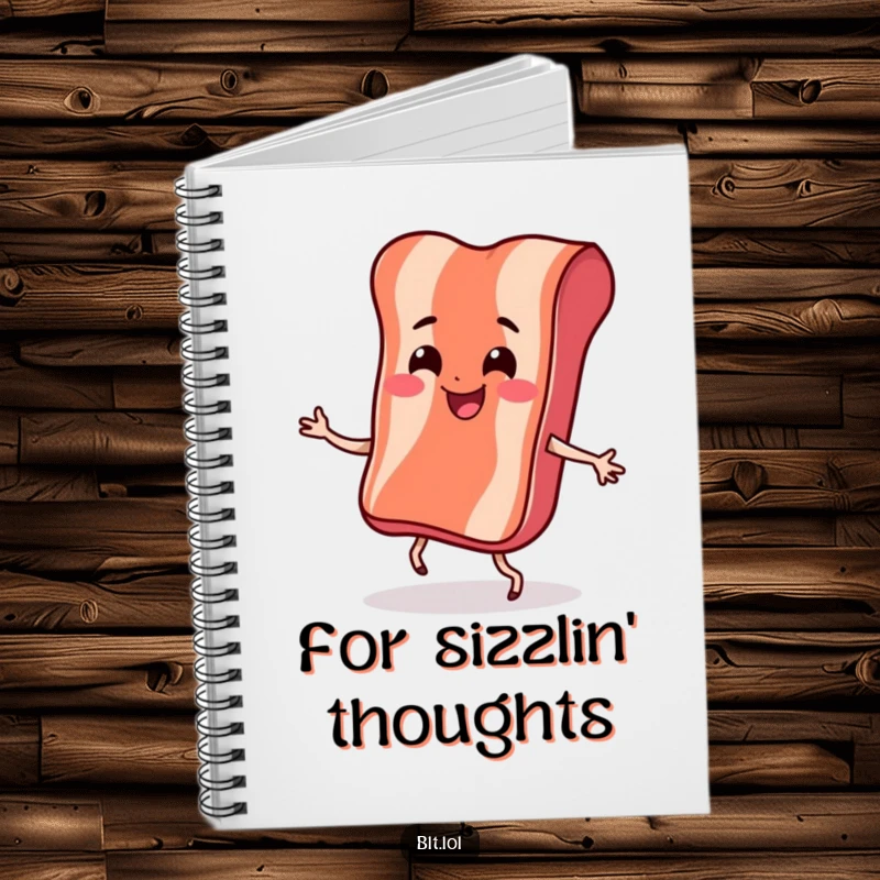 Funny Notebook with a smiling bacon strip doing a bouncy dance, perfect for notes and doodles with a humorous twist.