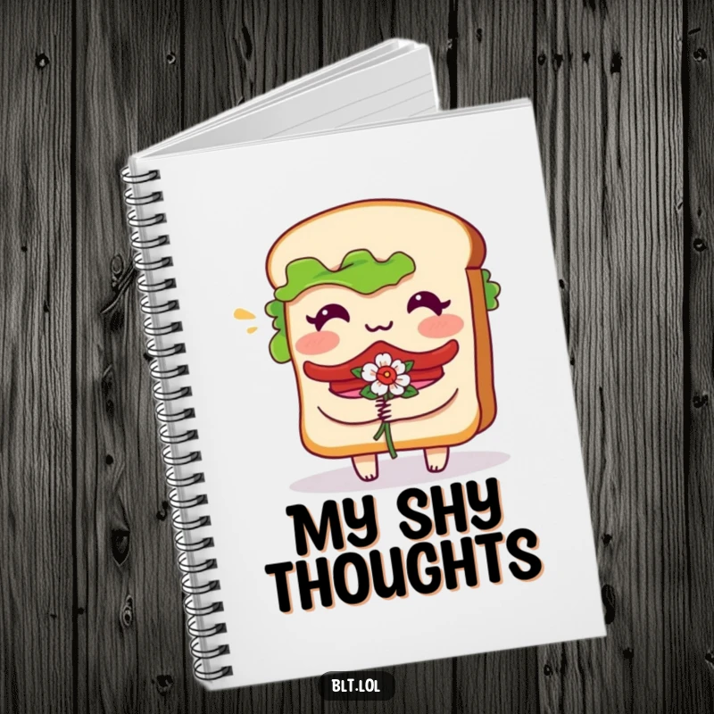 Funny Notebook with a bashful BLT sandwich character blushing and holding flowers, designed for capturing gentle thoughts.
