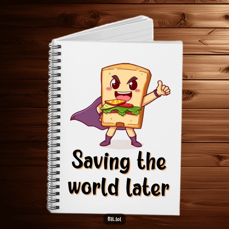 Funny notebook featuring a BLT sandwich in a superhero pose, ideal for documenting heroic plans and witty remarks.