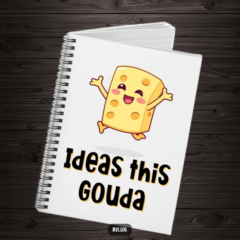 Funny Notebook with a happy cheese slice character doing a joyful jump, perfect for notes and doodles, humorous stationery.