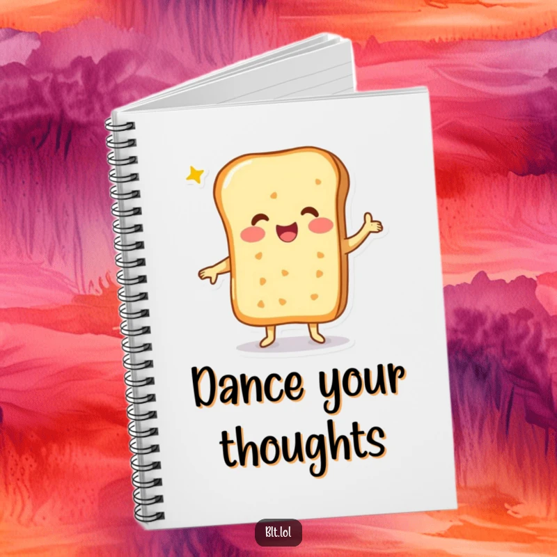 Funny cheesy bread character in a happy dance, ready to inspire notes and happy thoughts in this fun notebook.