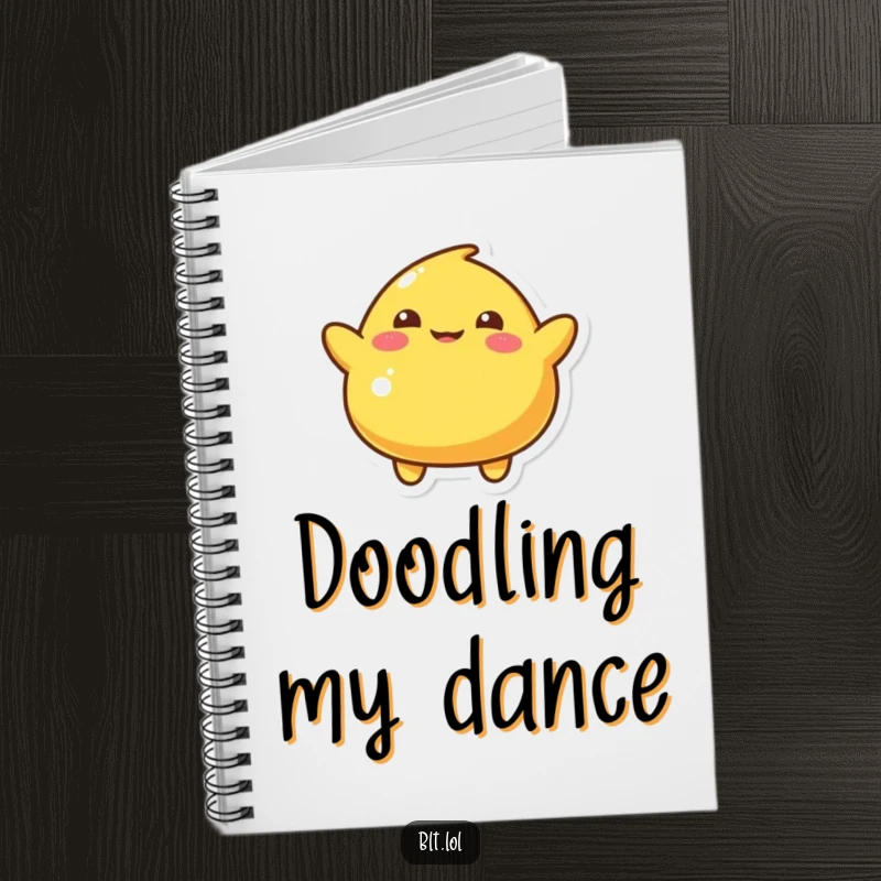 Funny Notebook with a playful mustard blob character doing a silly wiggle, perfect for notes and creative ideas, humorous stationery.