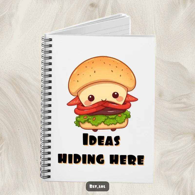 Funny Peek-a-Boo BLT Sandwich Notebook, a sandwich character peeking from behind a giant bun, ideal for notes and creative ideas, funny gift.